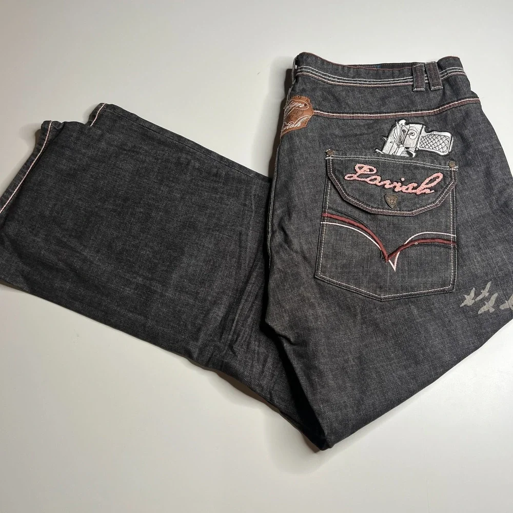 Foreign Lavish Mens 44 Dark Wash Baggy Denim Jeans Gun Embroidery Y2K Streetwear